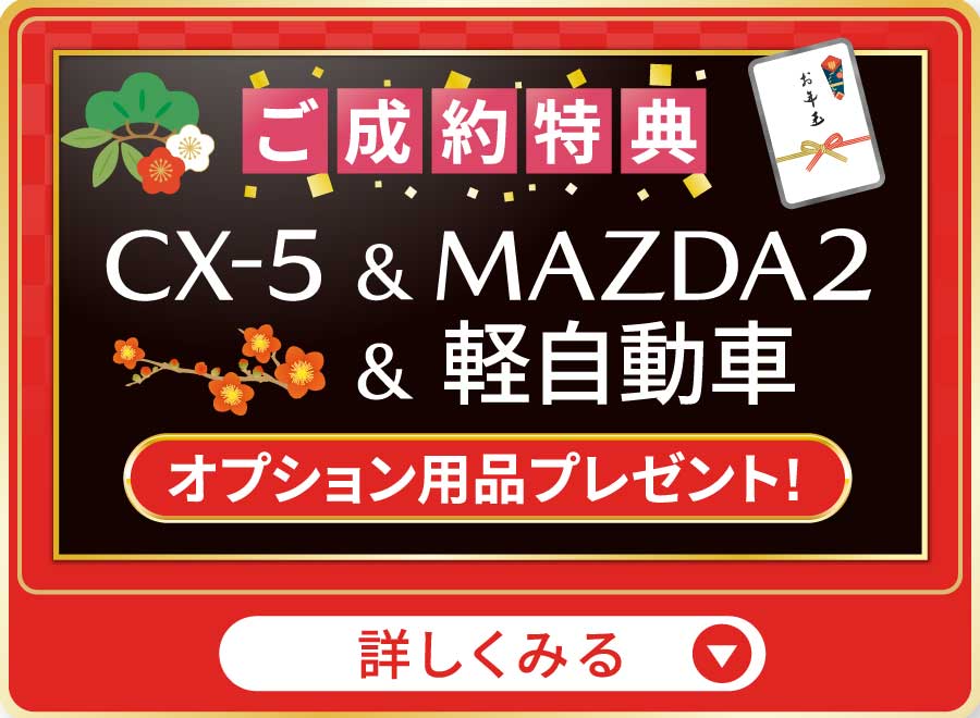 ご成約特典 & 軽自動車 & MAZDA2CX-5 オプション用品プレゼント! 詳しくみる